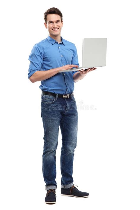 Young Man Holding Laptop Stock Image Image Of Cheerful 29089235