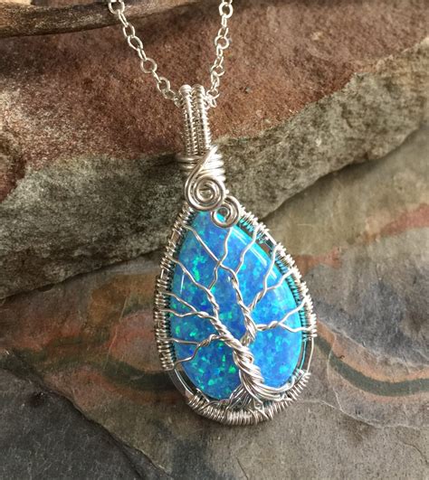 Blue Opal Necklace Sterling Silver Wire Wrapped Synthetic Blue Opal