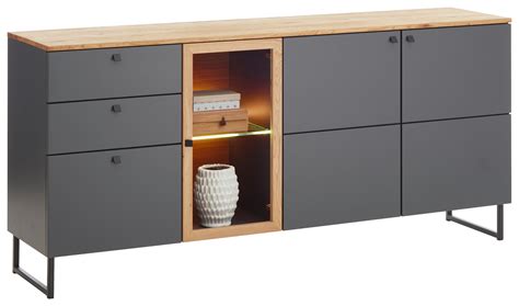 Valdera Sideboard Eiche Furniert Massiv Grau Eichefarben Beleuchtung