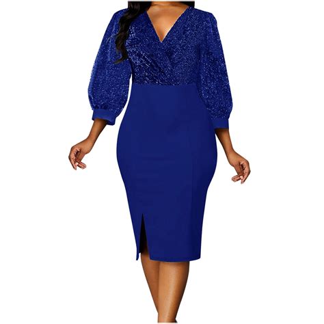 Qolati Womens Glitter Sequins Bodycon Dress 2023 Sexy V Neck Puffy Sleeve Pencil Dress Elegant