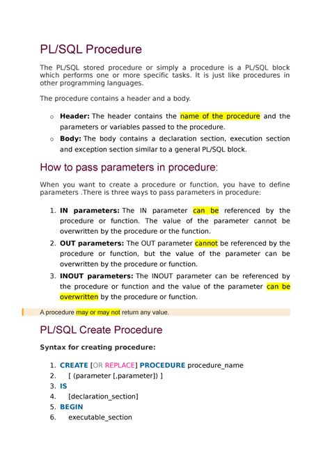 3procedures Functions And Cursors Plsql Procedure The Plsql Stored Procedure Or Simply A