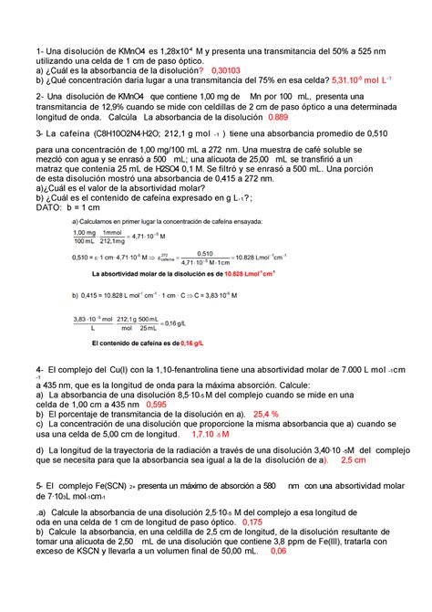 Problemas Espectrofotometría 1 Una Disolución De Kmno4 Es 1 28x10 4