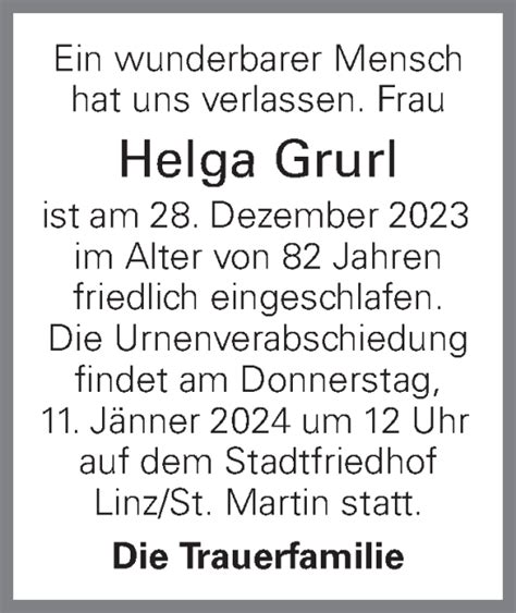 Traueranzeigen Von Helga Grurl Wirtrauern At