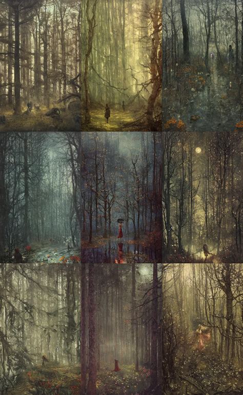 Painterly Dreamy Dark Forest With Trees Flowers Stable Diffusion