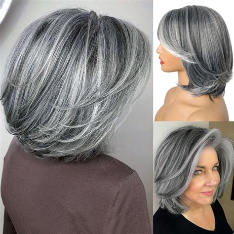 Leosa Short Grey Wig With Curtain Bangs Bob Layered Silver