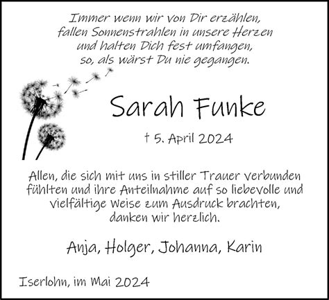 Traueranzeigen Von Sarah Funke Trauer In Nrw De