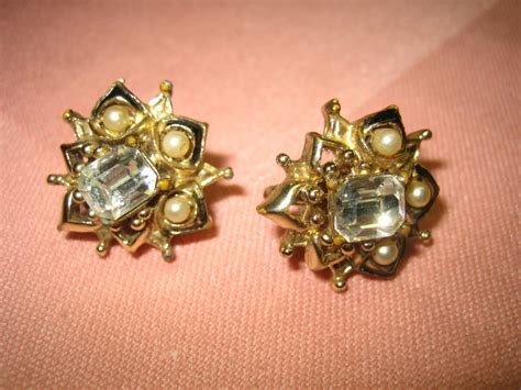 Vintage Coro Rhinestone Pearl Earrings Screw Back Etsy