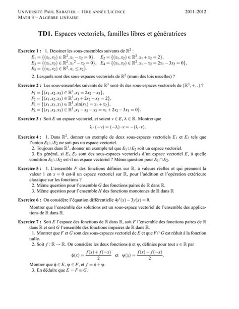 Td Espaces Vectoriels Familles Libres Et G N Ratrices