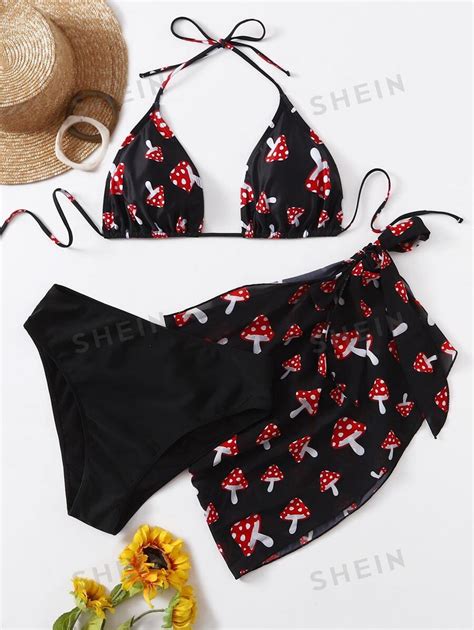 SHEIN Swim Curve Plus Mushroom Bikini Set Halter Triangle Bra High