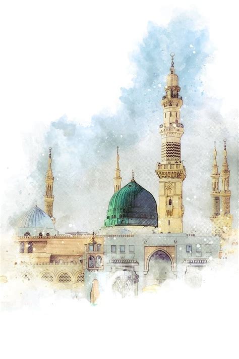 Watercolor Painting Sketch Of A Green Mosque With A Green Dome Prophet