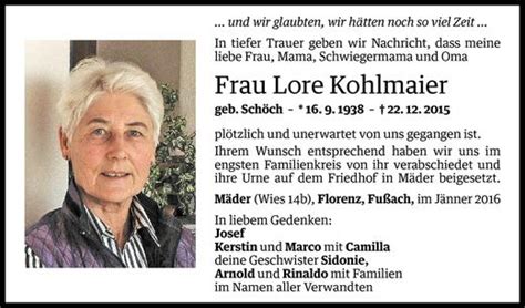 Todesanzeigen Von Lore Kohlmaier Todesanzeigen Vorarlberger Nachrichten