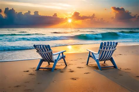 Dos Sillas De Playa En Una Playa Con La Puesta De Sol Detrás De Ellas