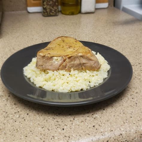 Homemade Garlic Mayo Tuna Steak On Lemon Herb Riced Cauliflower