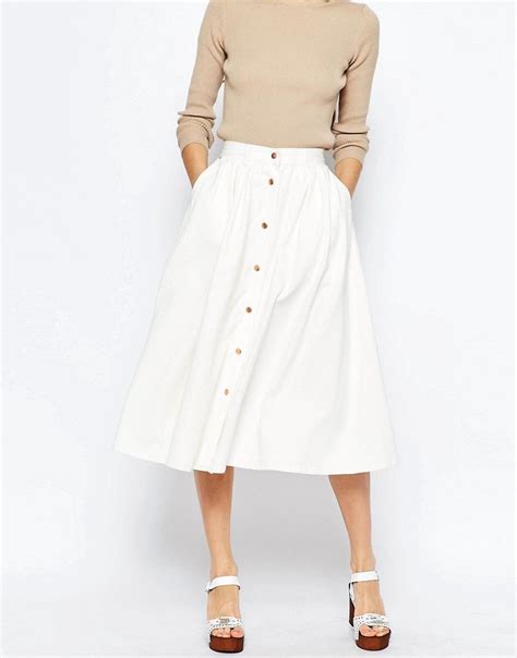 Image 4 Of ASOS Denim High Waisted Button Through Midi Skirt In White