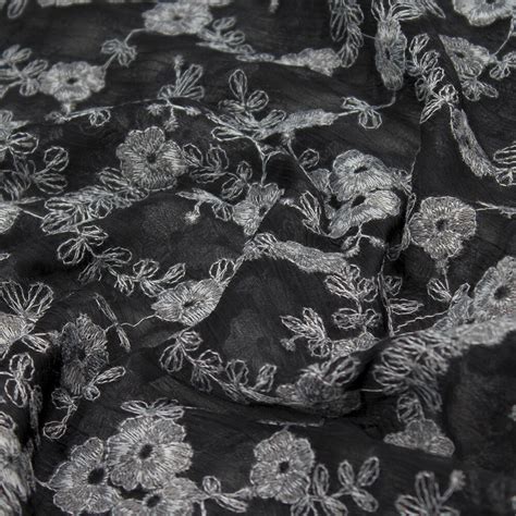 Chiffon Plissee Blumen Bestickt Schwarzgrau Stoffcity