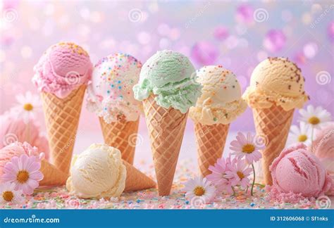 Multiple Ice Cream Cones With Various Flavors And Toppings Rest On A