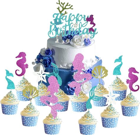 Simyron Cupcake Toppers 25 Pcs Geburtstag Torte Topper Meerjungfrau