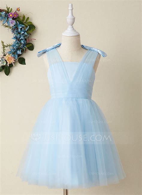 A Line Knee Length Flower Girl Dress Tulle Sleeveless V Neck With Bow