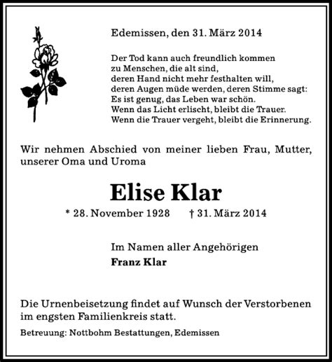 Traueranzeigen Von Elise Klar Trauer Anzeigen De