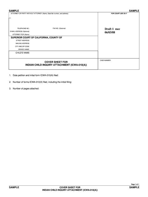 Fillable Online Courts Ca Sample Cover Sheet ICWA 10 A Courts Ca Fax