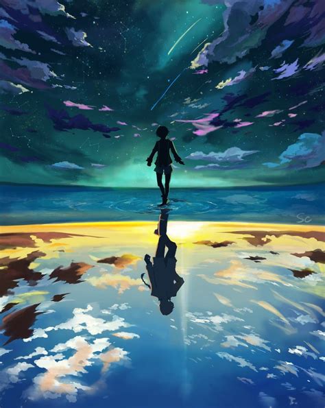 Anime Boy Floating Reflection Water Clouds Sky Scenic Stars