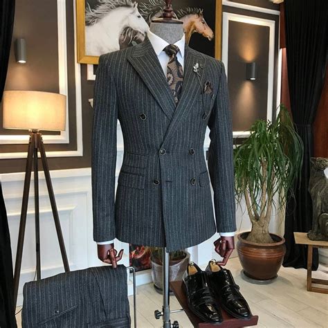 Grey Striped Double Breasted Suit 2 Piece Etsy In 2022 Suits Slim Fit Tuxedo Next Suits