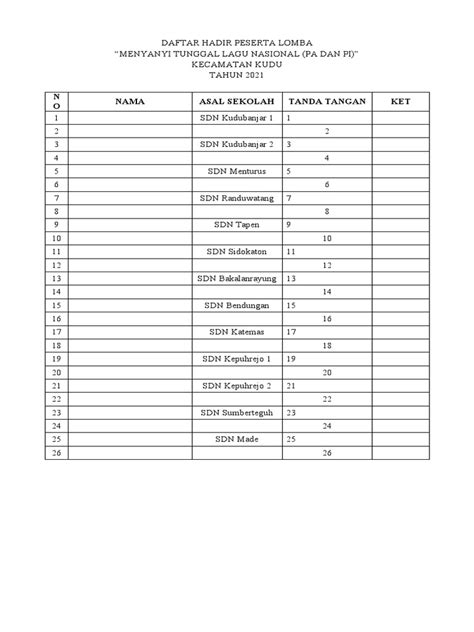 Daftar Hadir Peserta Lomba Pdf