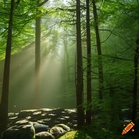 Sunlight Filtering Through A Lush Forest Canopy On Craiyon