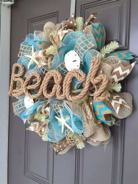 Beach Burlap Deco Mesh Wreath With Seashells Seashell Wreath Beach