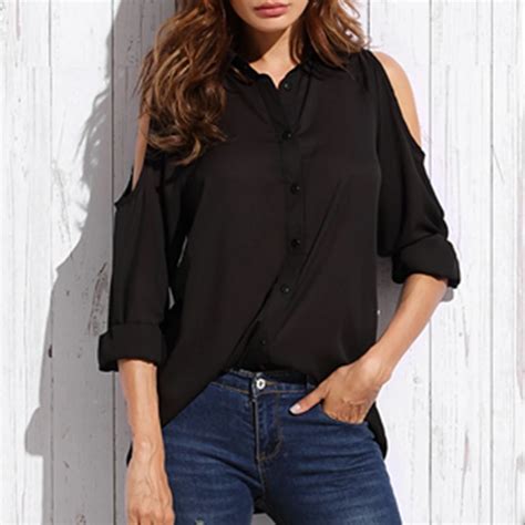 Yilia Sexy Off Shoulder Black Solid Loose Chiffon Blouse Women Fashion