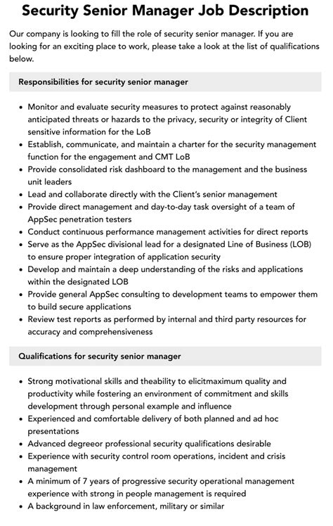 Security Senior Manager Job Description Velvet Jobs