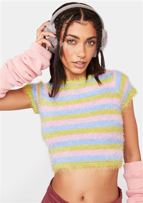 Delias Faux Mohair Striped Crop Sweater Top Dolls Kill