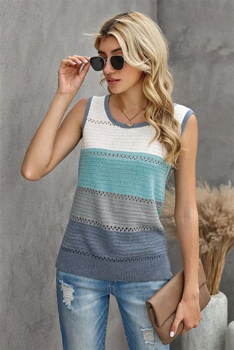 Summer Sky Blue Color Block Round Neck Knitted Tank Top Knitted Tank