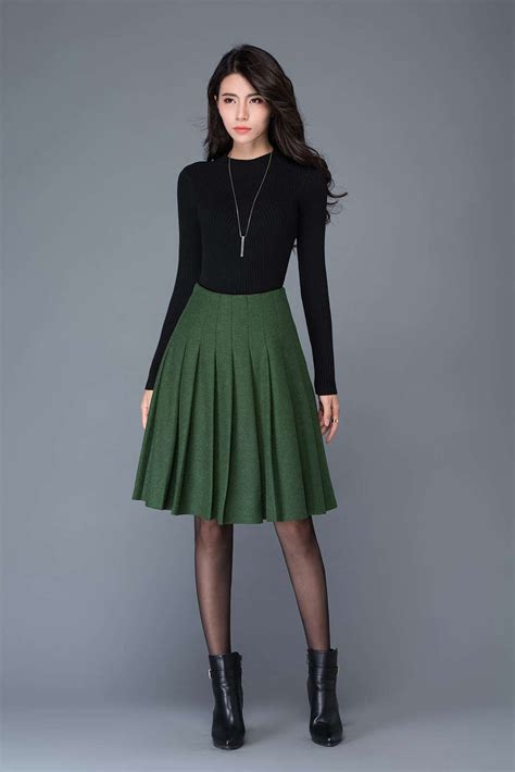 Pleated Skirt Wool Skirts Midi Skirt Circle Skirt Green