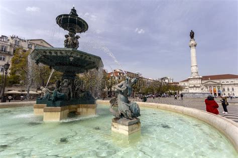 Rossio Square South Fountain Fonte Sul Do Rossio In Lisbon Editorial