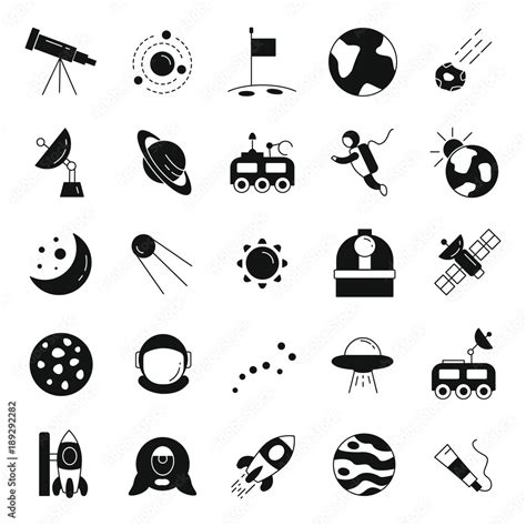 Space black simple silhouette icons vector set. Collection of space objects with astrunaut ...