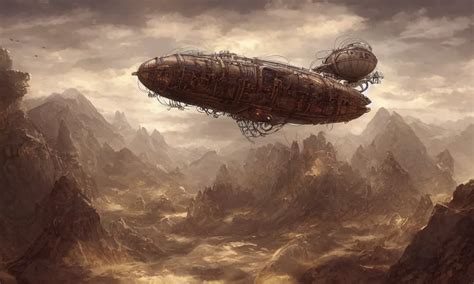 Steampunk Airship Over Mountains Digital Art Concept Stable Diffusion