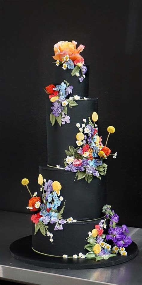 40 Stylish Dark Moody Wedding Cakes Black 4 Tiers With Colourful