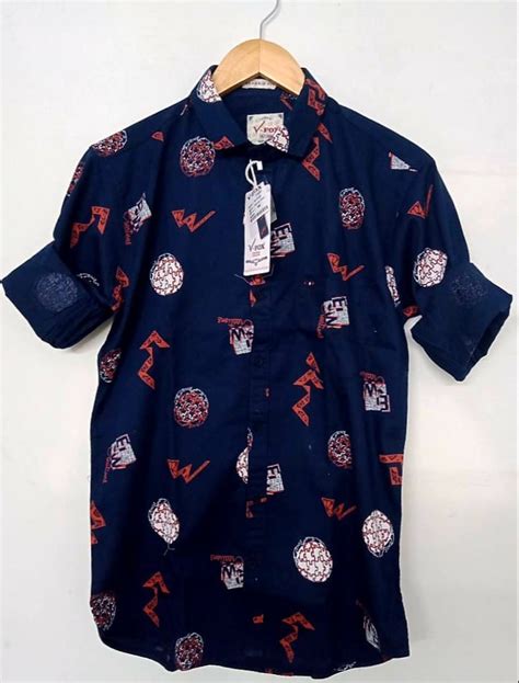 Navy Blue Base Men Full Sleeve Printed Cotton Shirt Collar Neck