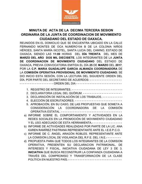 Minuta De Acta De La Decima Tercera Sesion Ordinaria De La Junta De