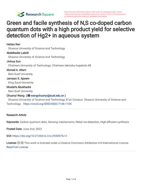 PDF Green And Facile Synthesis Of N S Co Doped Carbon Quantum Dots