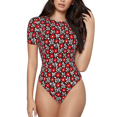 Easygdp Red Floral Womens One Piece Swimsuit Slim Fit Crew Neck