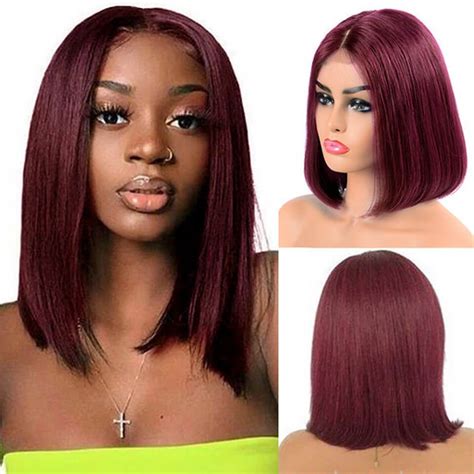 44 99j Burgundy Color Straight Short Bob Wigs 99j Lace Closure Wigs