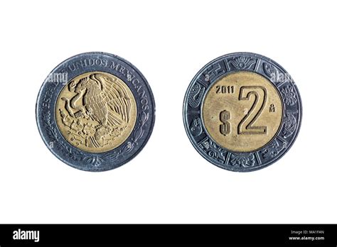 Front And Back Of Two Peso Mexican Currency On White Background Stock
