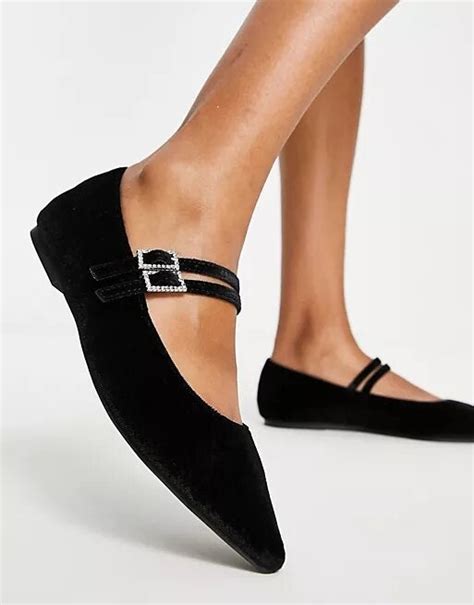 Asos Design Leonie Embellished Mary Jane Ballet Flats In Black Velvet