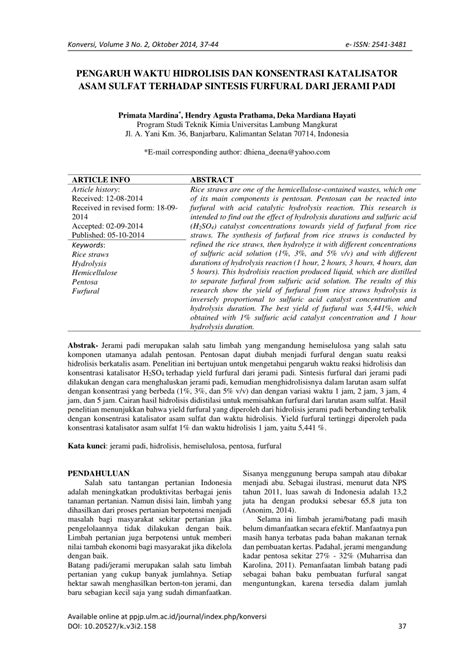 Pdf Pengaruh Waktu Hidrolisis Dan Konsentrasi Katalisator Asam Sulfat