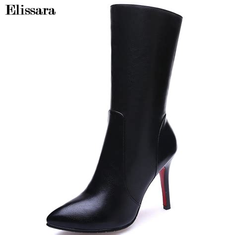 Elissara Women Genuine Leather Boots Shoes Women High Heel Mid Calf