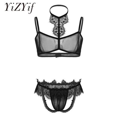 Sexy Men Lingerie Lace Trim See Through Sheer Mesh Lingerie Set Halter