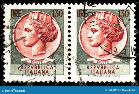 Two Postage Stamps Printed In Italy Shows Coin Of Syracuse