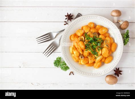 Gnocchi With A Pumpkin Mushroom Cream Sauce Autumn Meal Top View
